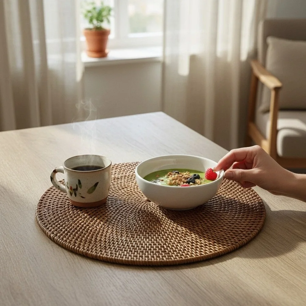 Rattan Placemat Unisex 15.5in Brown Very Good Woven Wicker Boho Decor